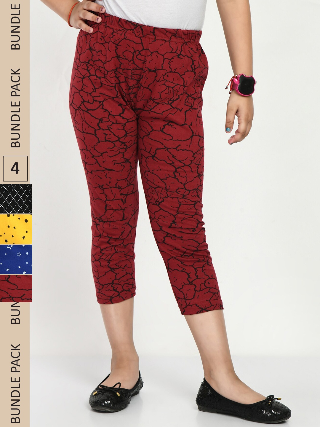 

IndiWeaves Girls Pack Of 4 Printed Pure Cotton Capris, Maroon