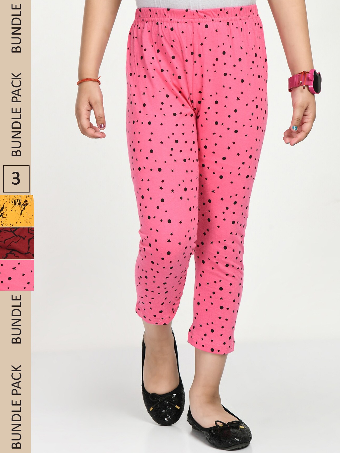 

IndiWeaves Girls Pack Of 3 Printed Pure Cotton Capris, Pink