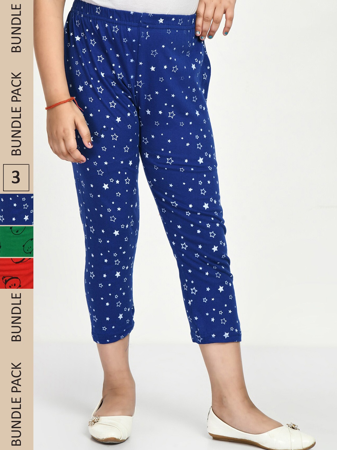 

IndiWeaves Girls Pack Of 3 Printed Pure Cotton Capris, Blue