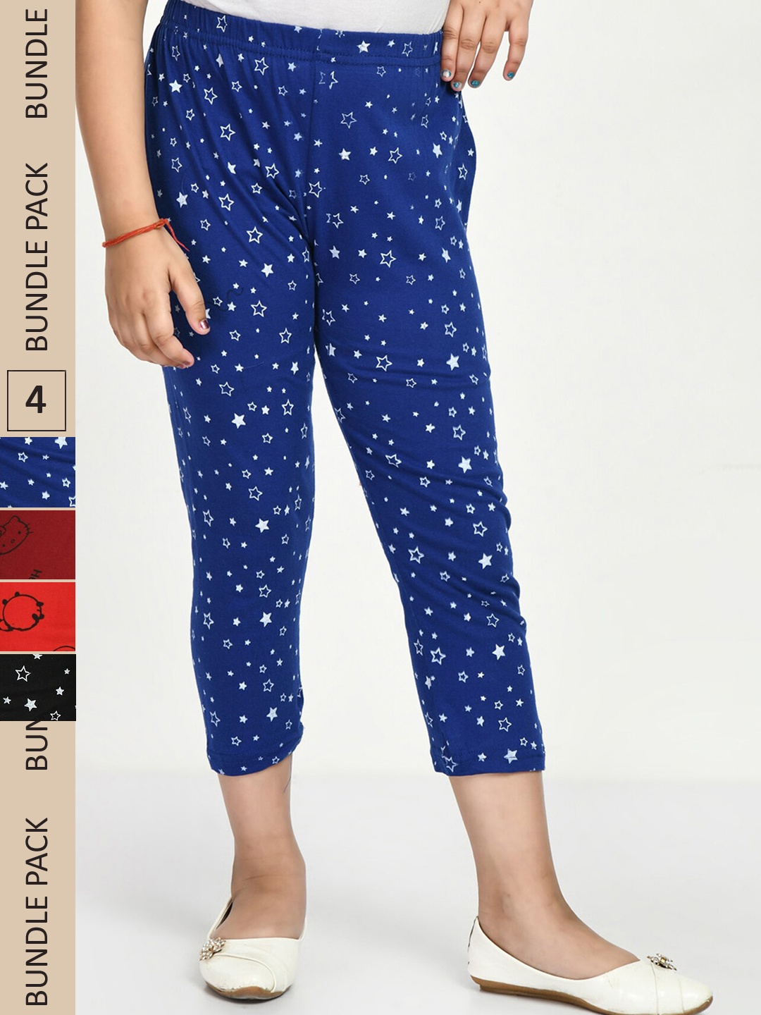 

IndiWeaves Girls Pack Of 4 Printed High Rise Pure Cotton Capris, Blue