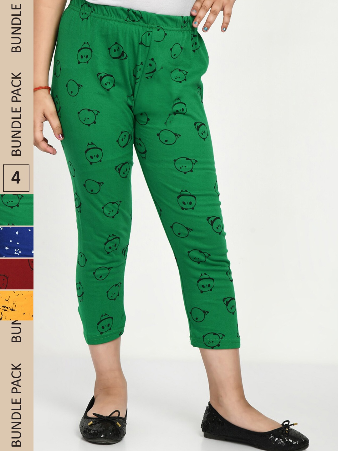 

IndiWeaves Girls Pack Of 4 Printed Pure Cotton Capris, Green