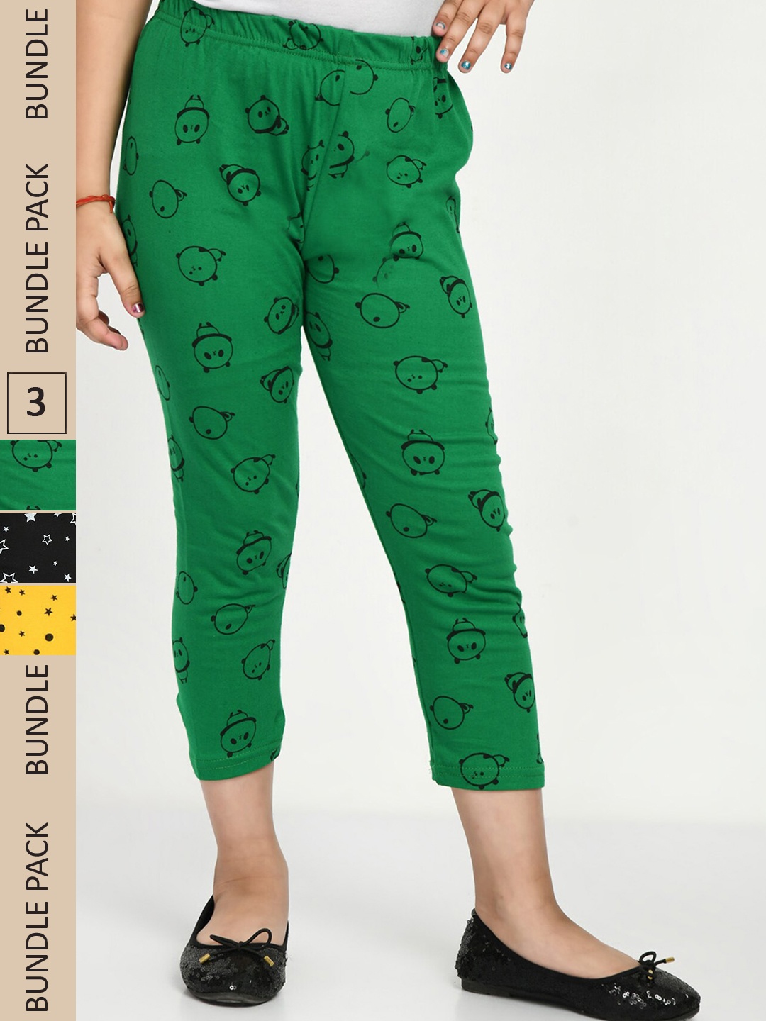 

IndiWeaves Girls Pack Of 3 Printed Pure Cotton Capris, Green