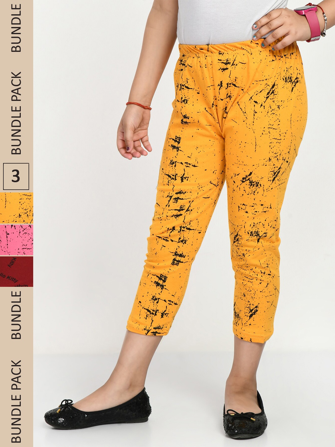 

IndiWeaves Girls Pack Of 3 Printed High-Rise Cotton Capris, Yellow
