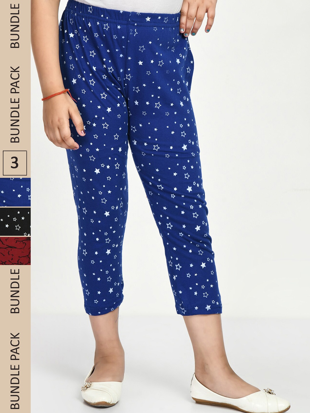 

IndiWeaves Girls Pack of 3 Printed High Rise Pure Cotton Capris, Blue
