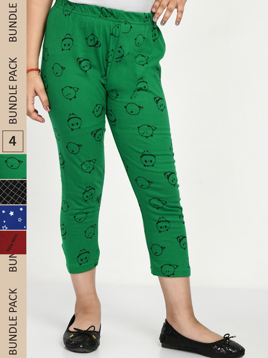 

IndiWeaves Girls Pack Of 4 Printed Pure Cotton Capris, Green