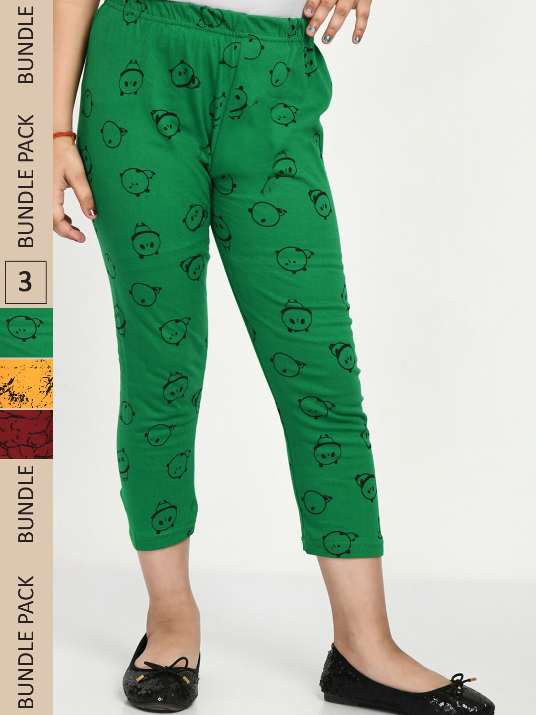 

IndiWeaves Girls Pack Of 3 Printed Pure Cotton Capris, Green