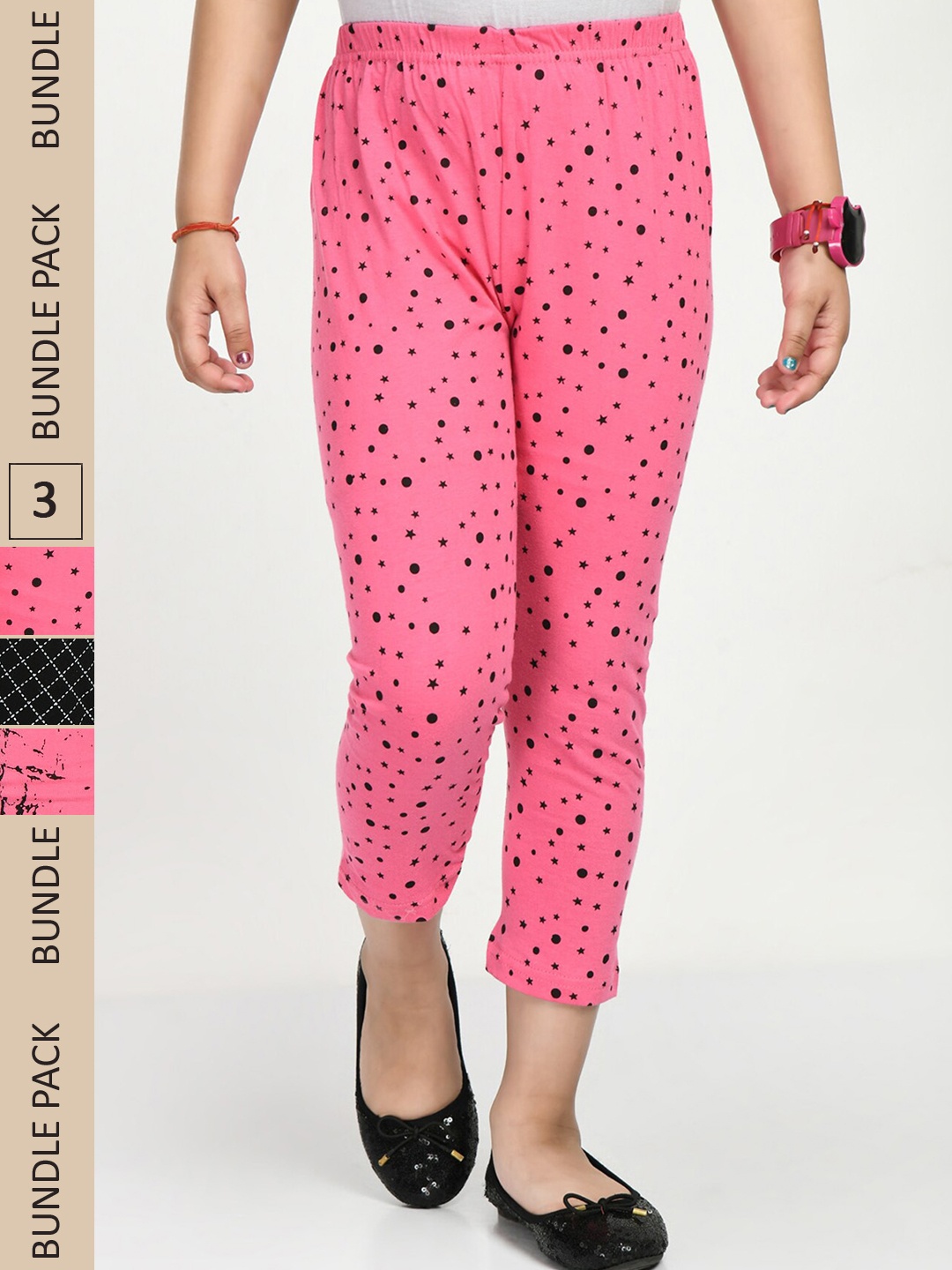 

IndiWeaves Girls Pack Of 3 Printed Pure Cotton Capris, Pink