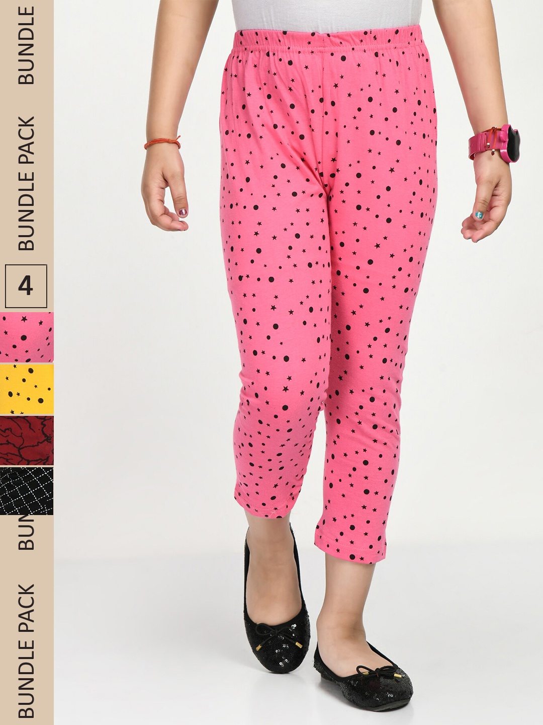

IndiWeaves Girls Pack of 4 Printed High Rise Pure Cotton Capris, Pink