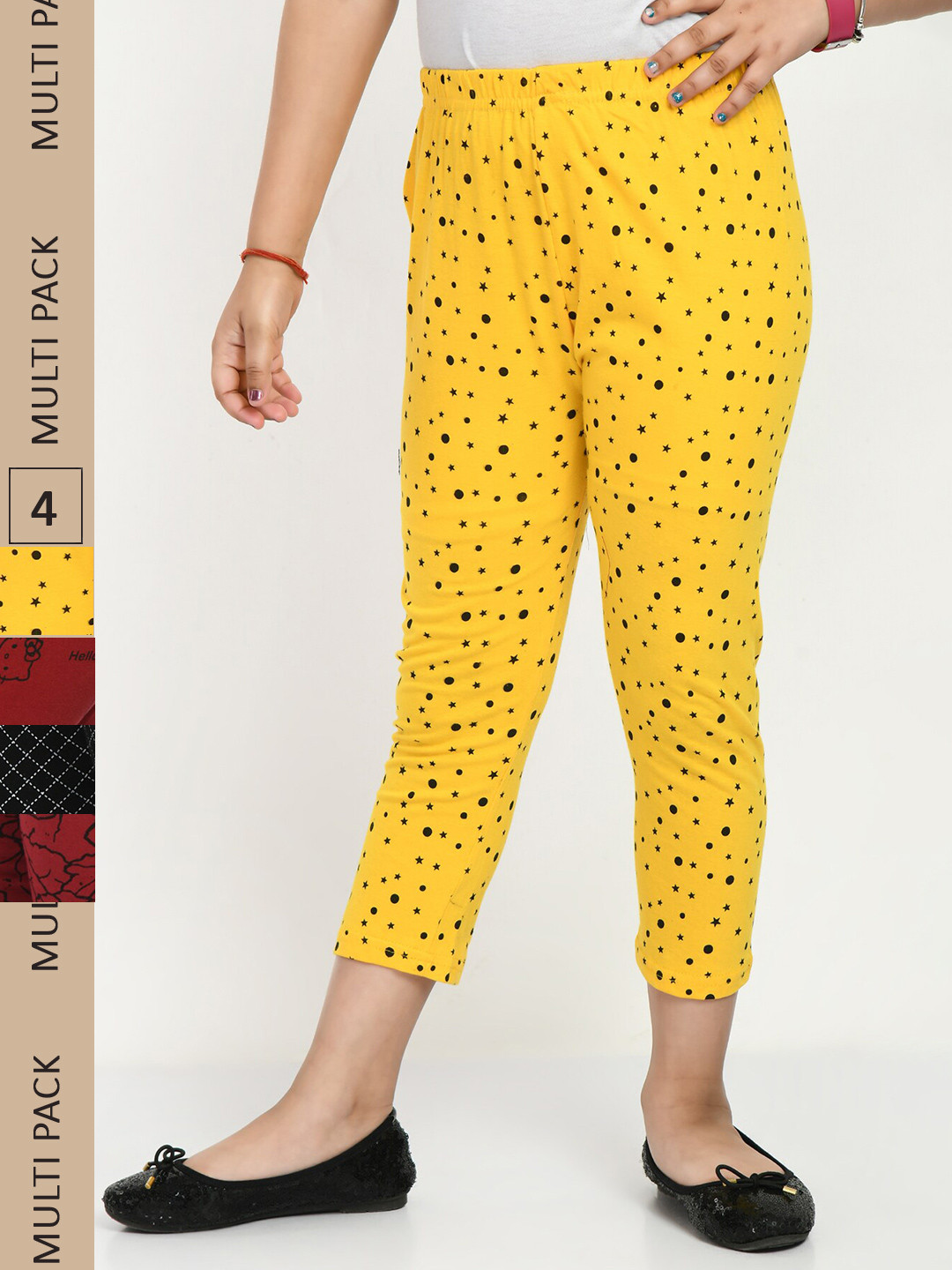 

IndiWeaves Girls Pack Of 5 Printed Pure Cotton Capris, Yellow