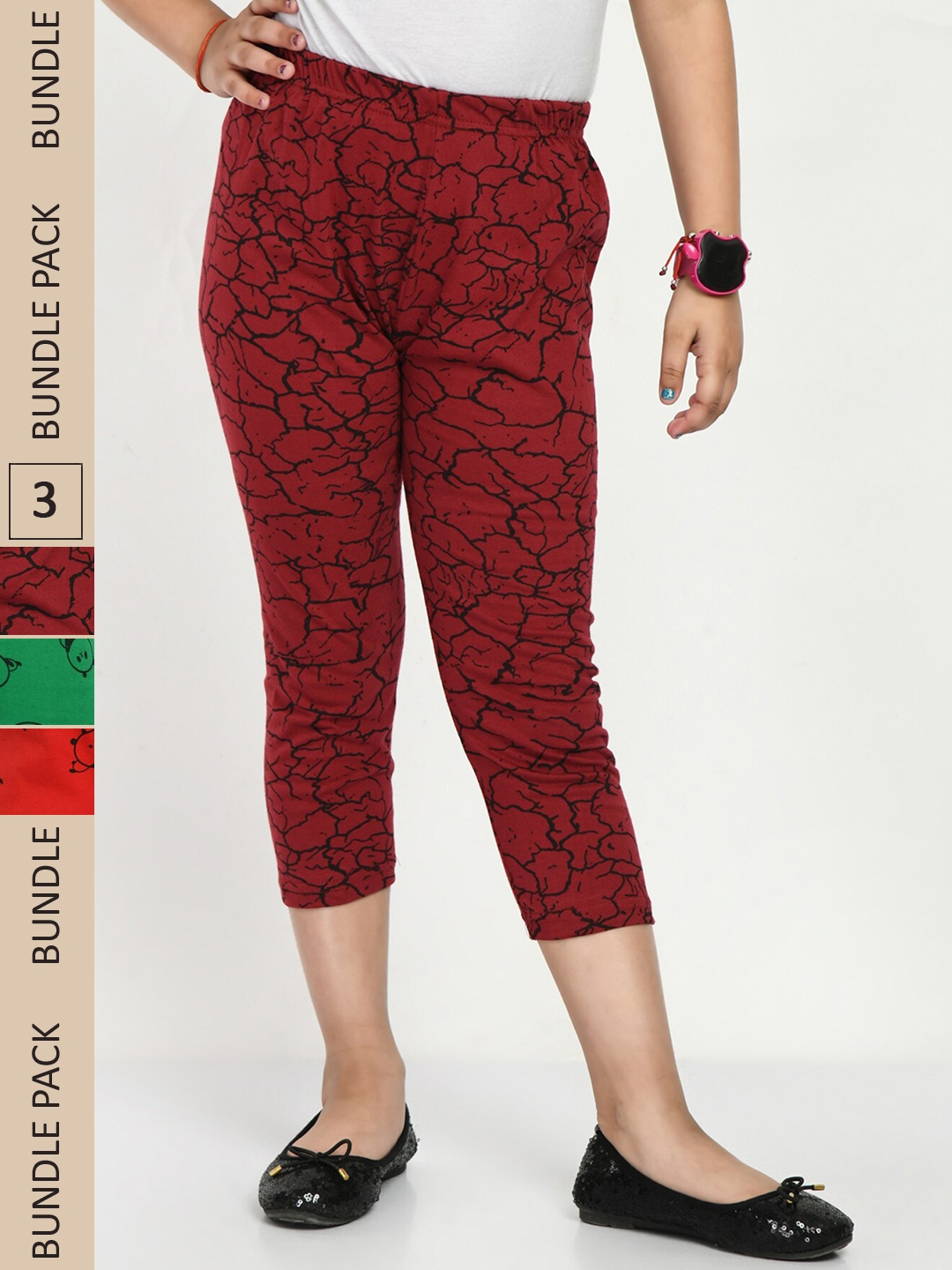

IndiWeaves Girls Pack Of 3 Printed Pure Cotton Capris, Maroon