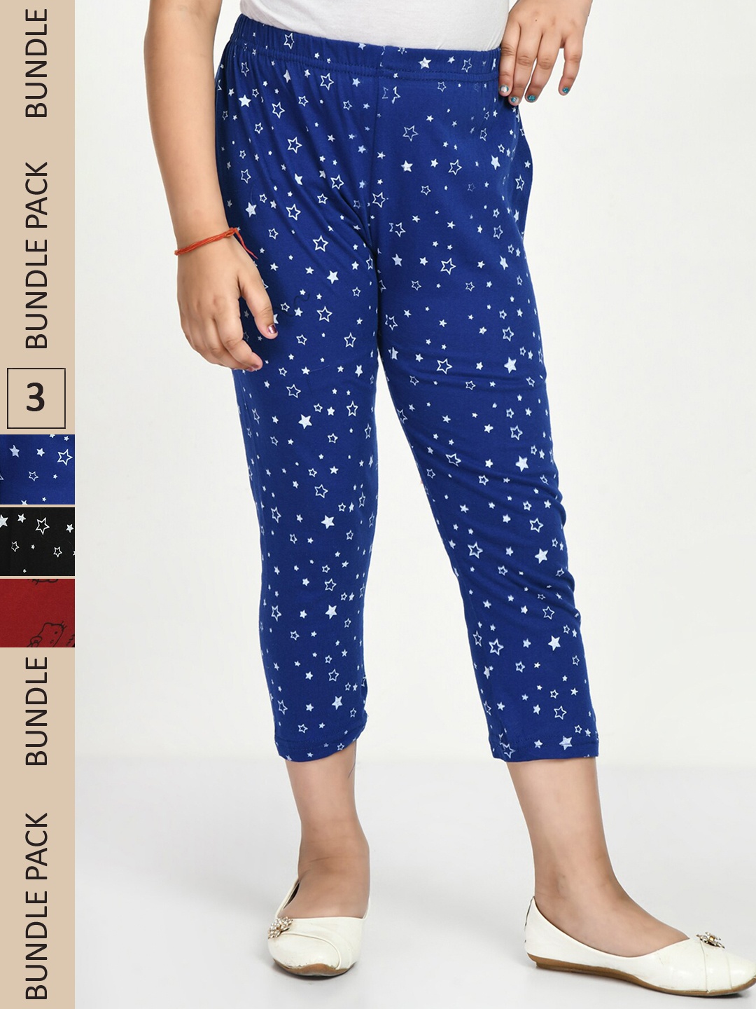 

IndiWeaves Girls Pack Of 3 Printed Pure Cotton Capris, Blue