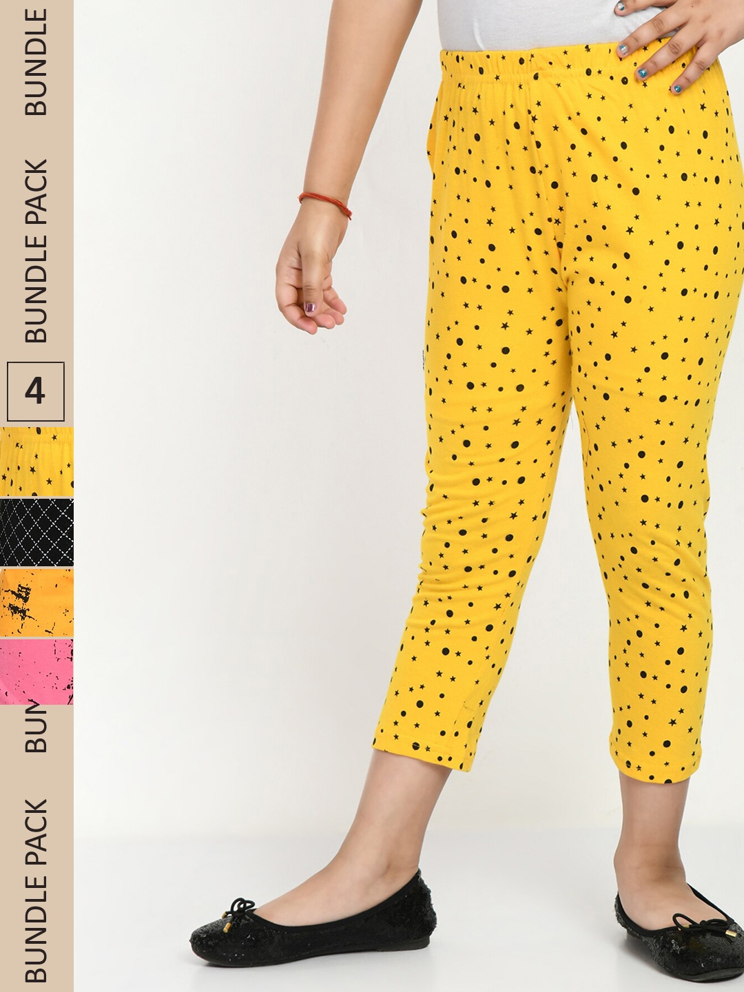 

IndiWeaves Girls Pack Of 4 Printed High Rise Pure Cotton Capris, Yellow