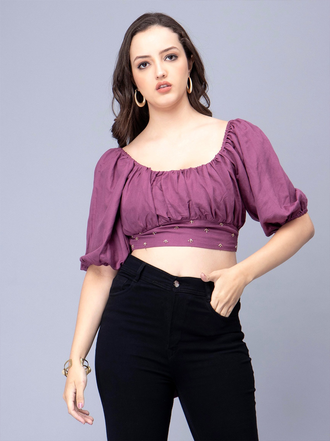 

Sipsew Scoop Neck Puff Sleeves Tie Ups Blouson Crop Top, Purple