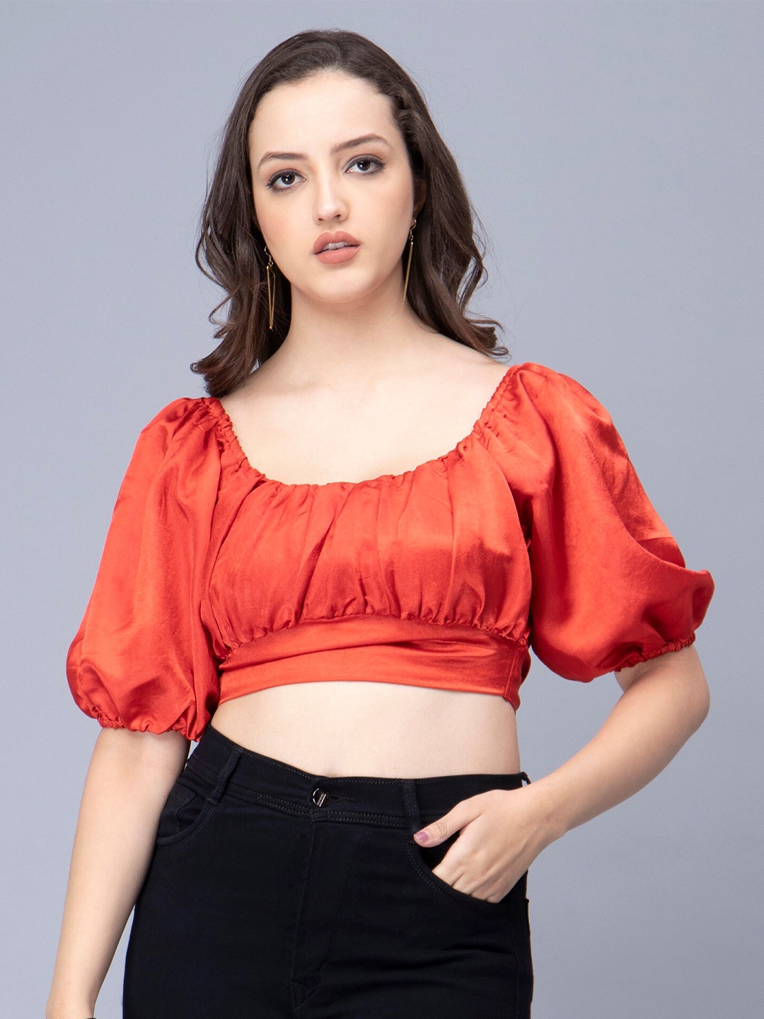 

Sipsew Square Neck Puff Sleeves Satin Blouson Crop Top, Orange