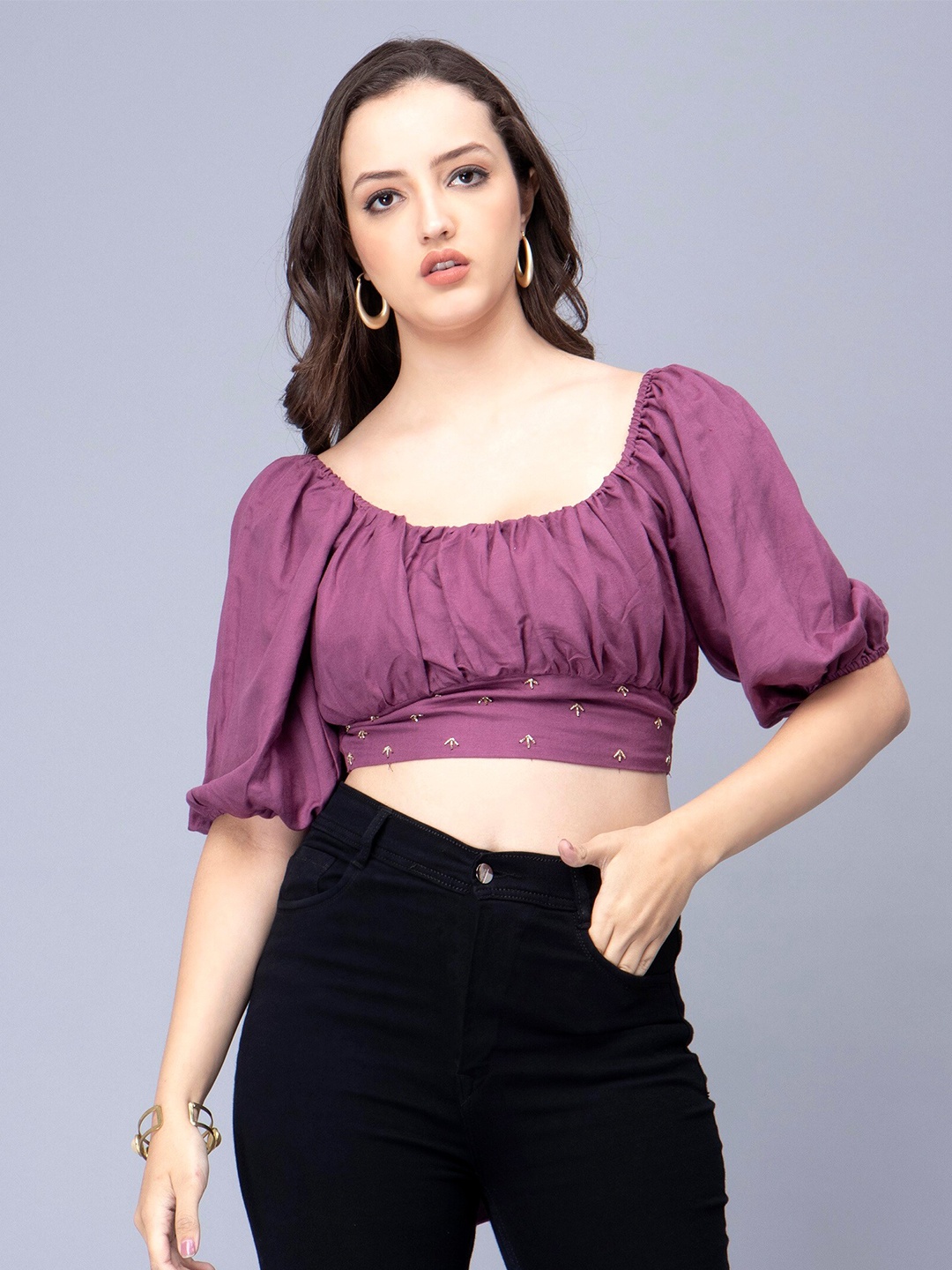 

Sipsew Scoop Neck Puffed Sleeves Embroidered Blouson Crop Top, Purple