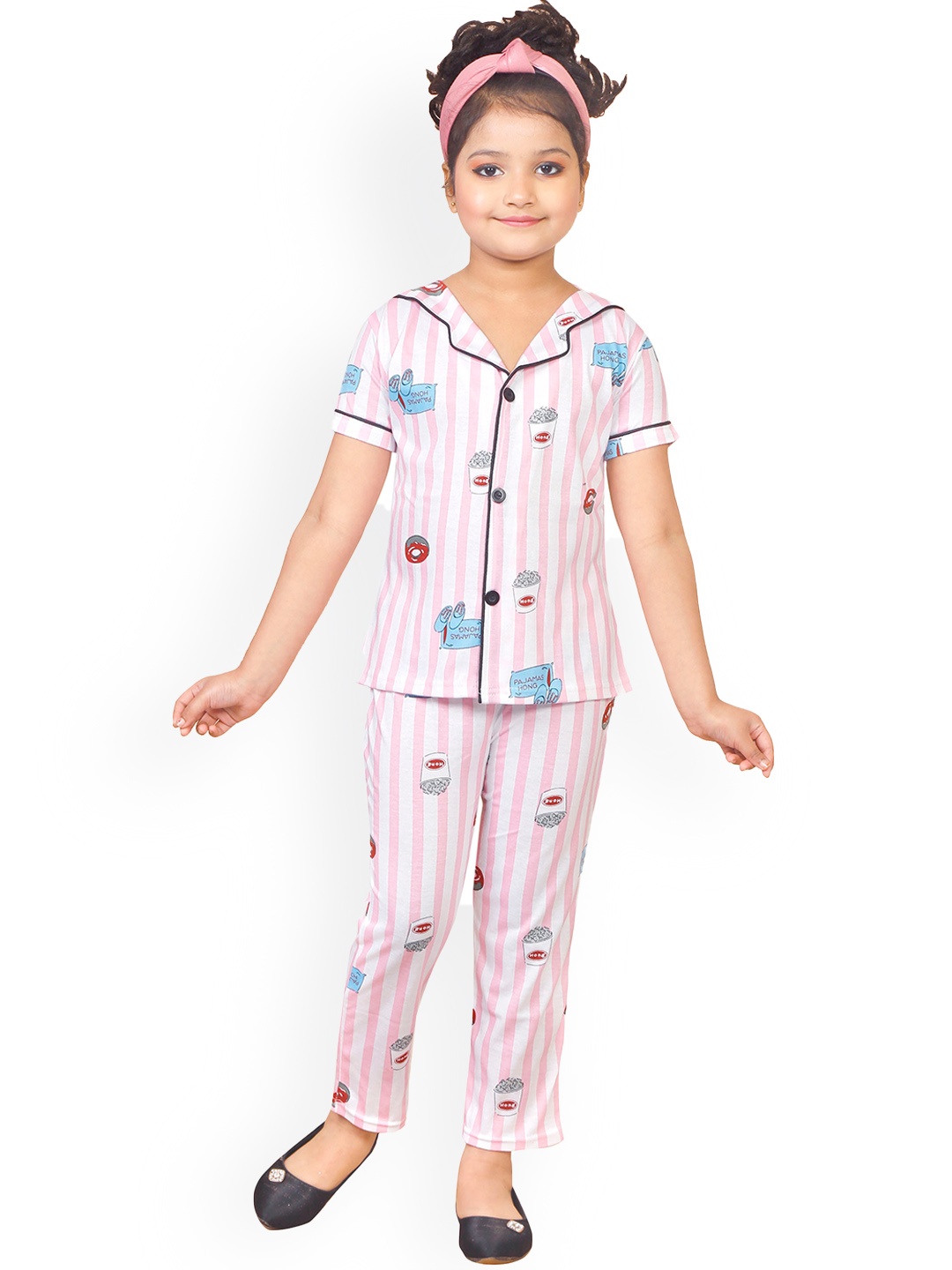 

BURBN Girls Conversational Printed Night Suit, Pink