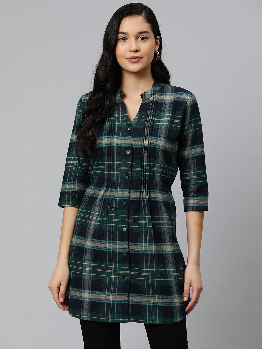 

One Femme Mandarin Collar Checked Tunic, Green