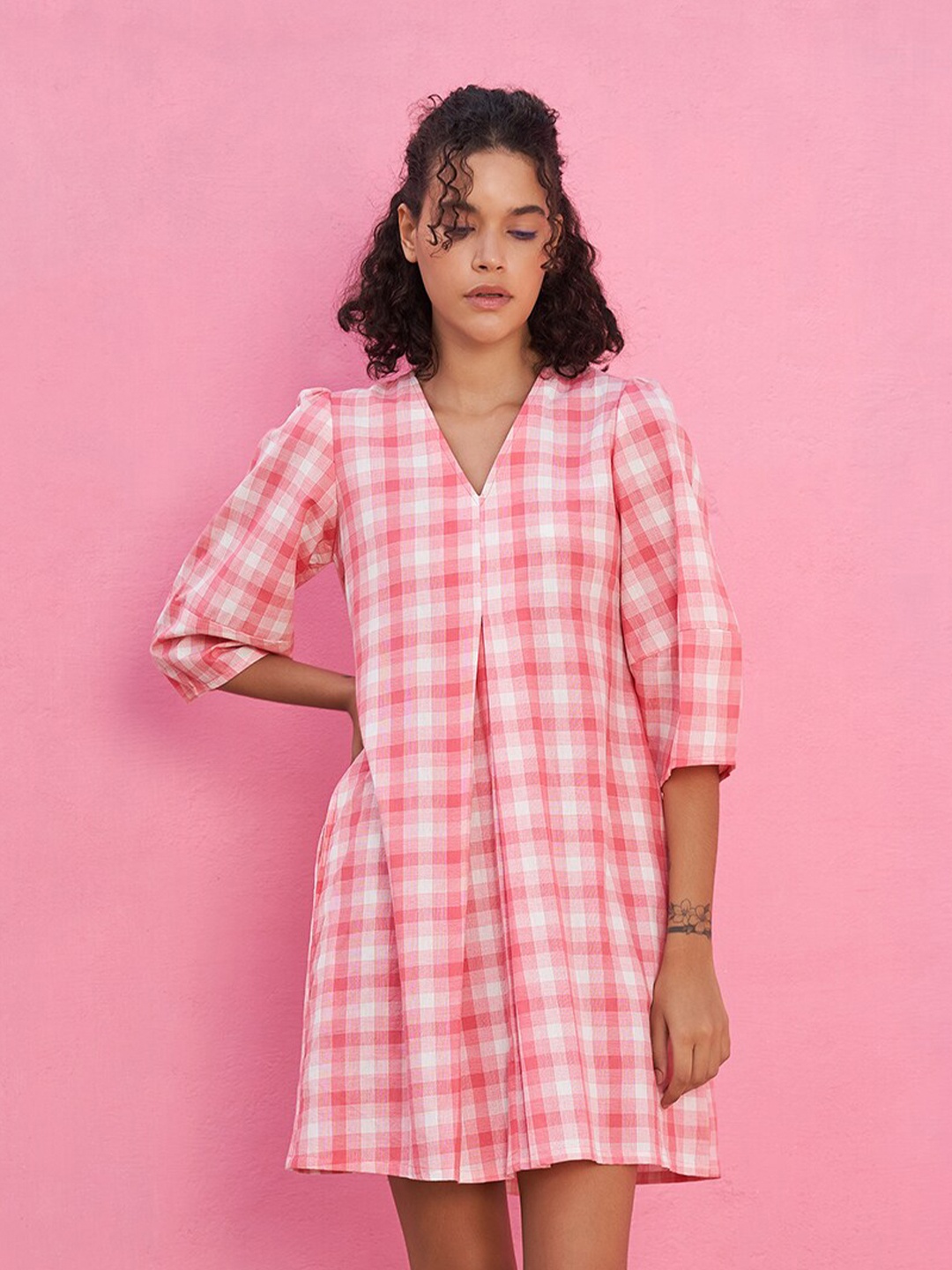

Abhishti Checked V-Neck Cotton A-Line Dress, Pink
