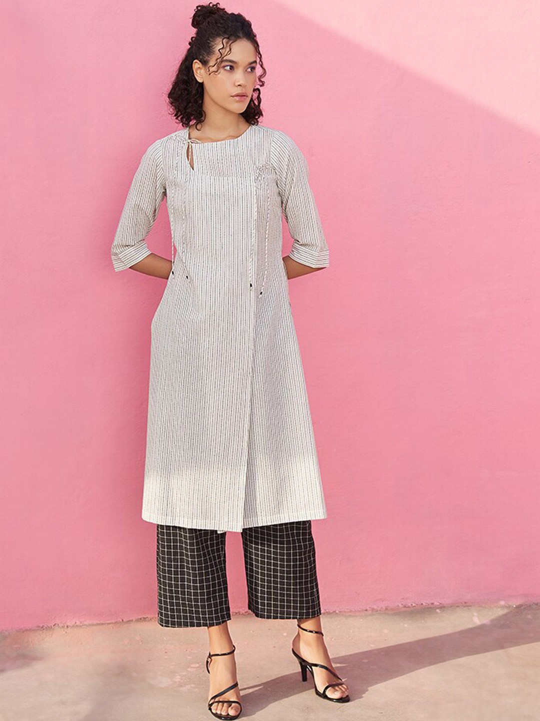 

Abhishti Striped Layered Pure Cotton Kurta With Palazzos, White