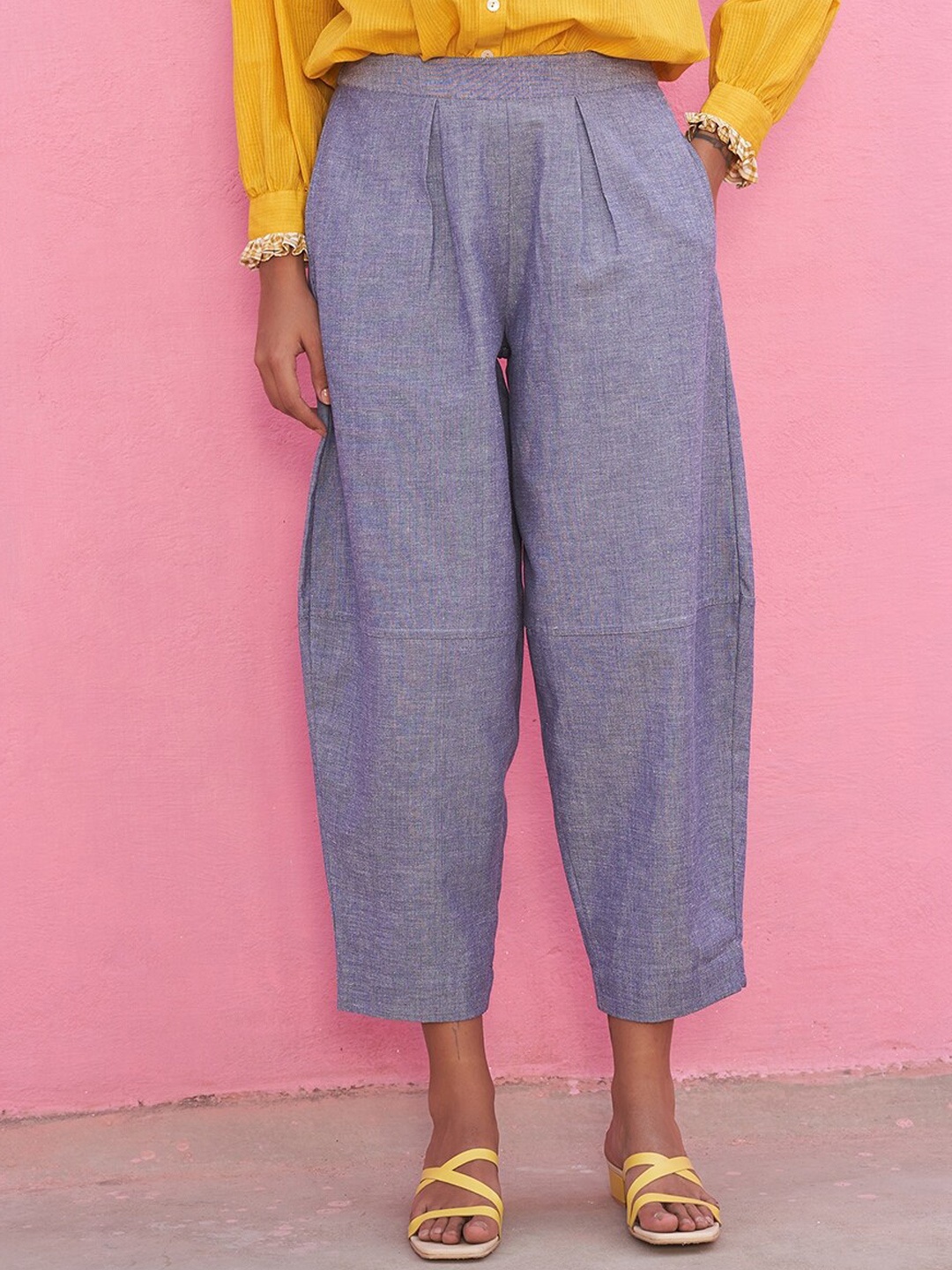 

Abhishti Women Mid-Rise Pure Cotton Trousers, Blue