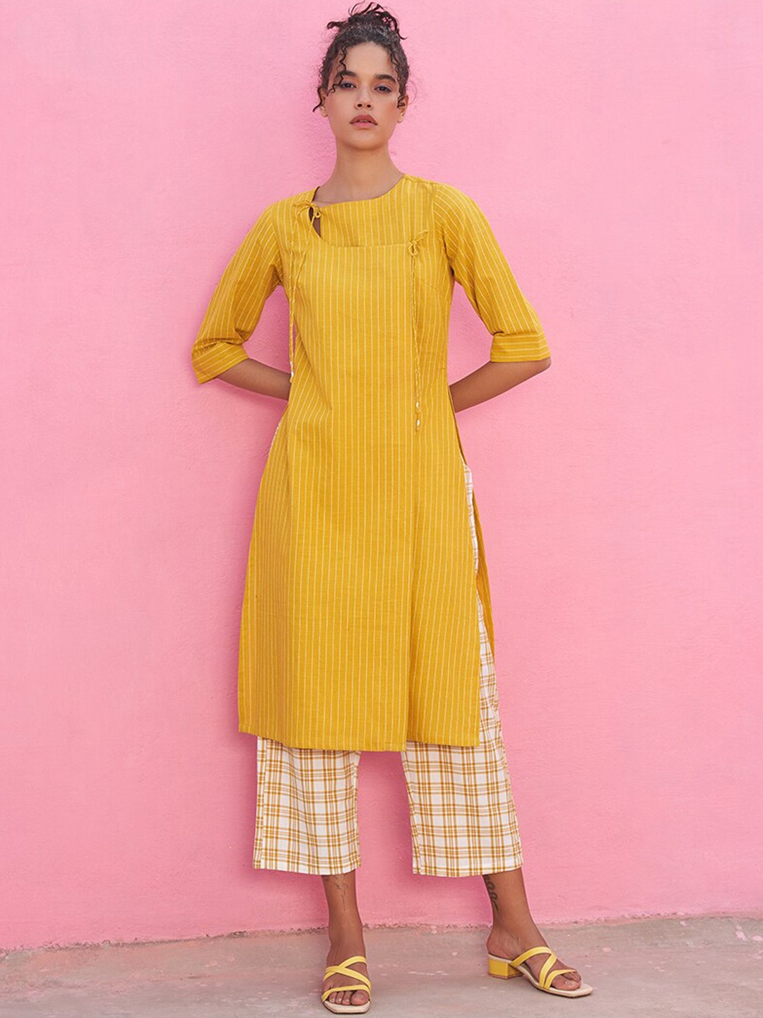 

Abhishti Striped Layered Pure Cotton Kurta With Palazzos, Yellow