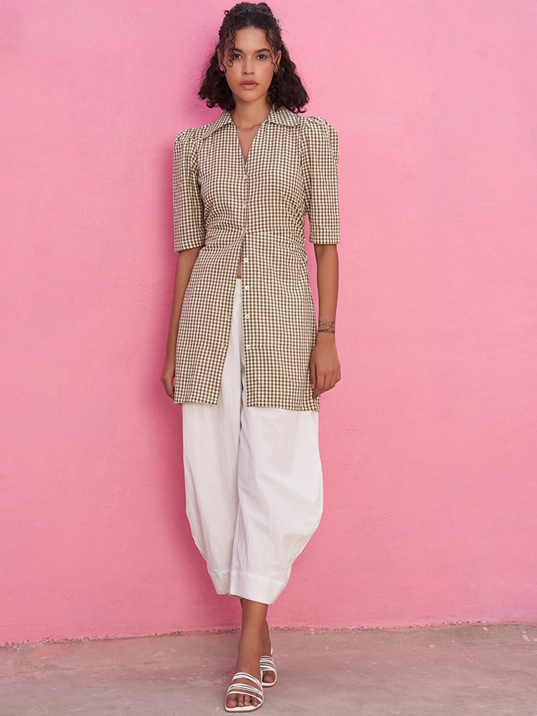 

Abhishti Checked Puff Sleeves Pure Cotton Kurti, Off white