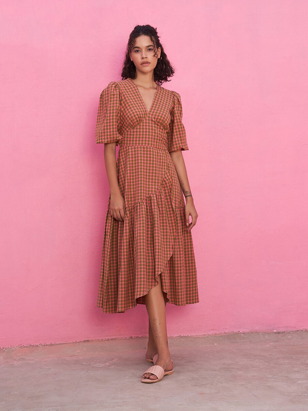 

Abhishti Checked Cotton Wrap Midi Dress, Pink
