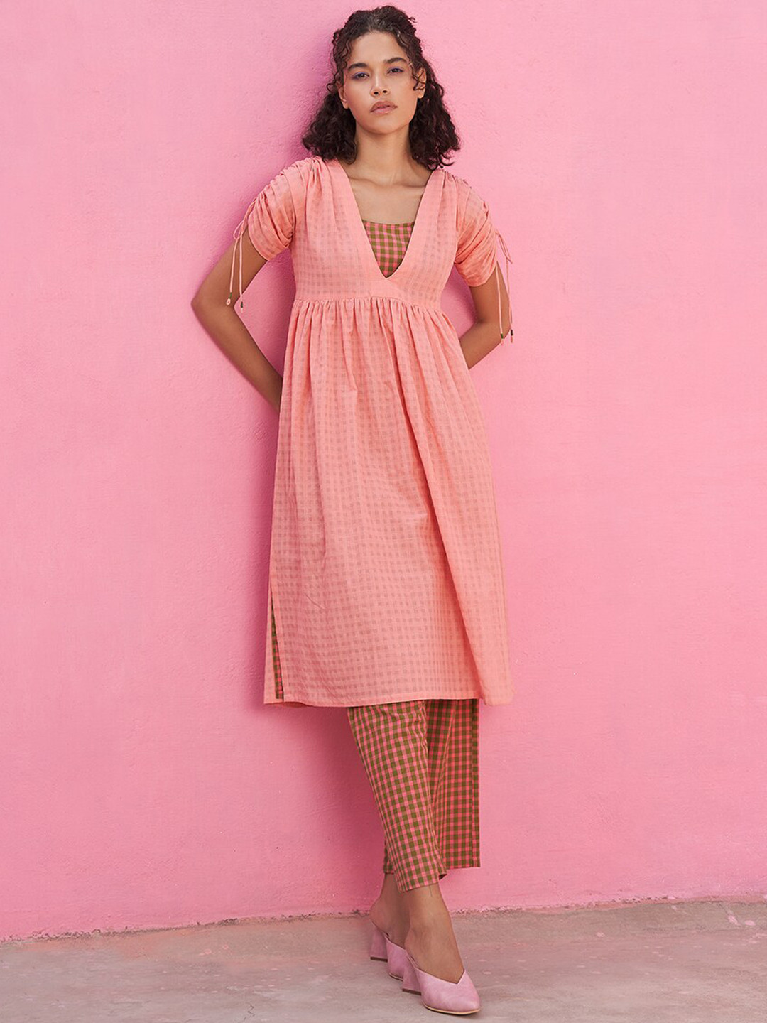 

Abhishti Checked Cotton A-Line Kurta, Peach