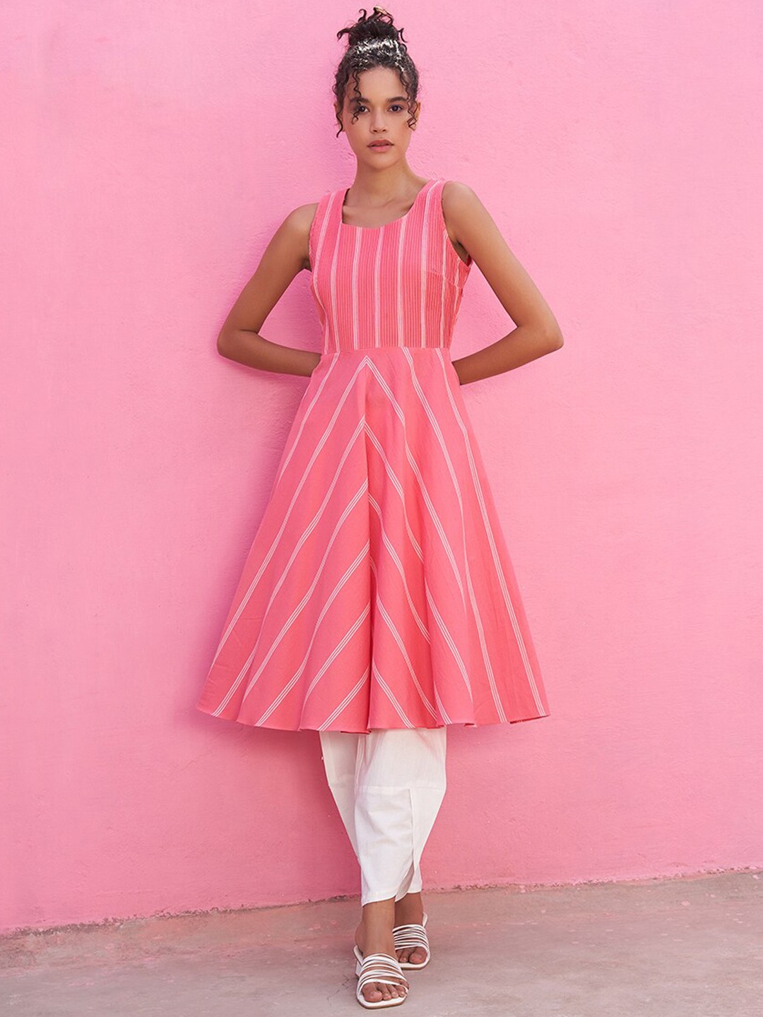 

Abhishti Striped Anarkali Pure Cotton Kurta With Salwar, Pink