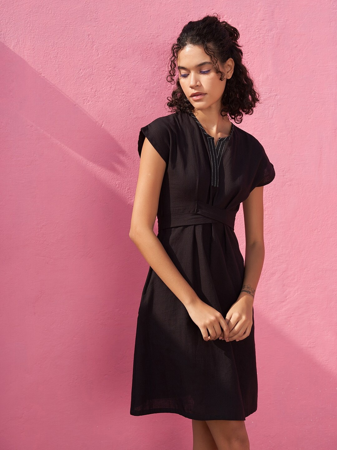 

Abhishti Extended Sleeves Cotton A-Line Dress, Black
