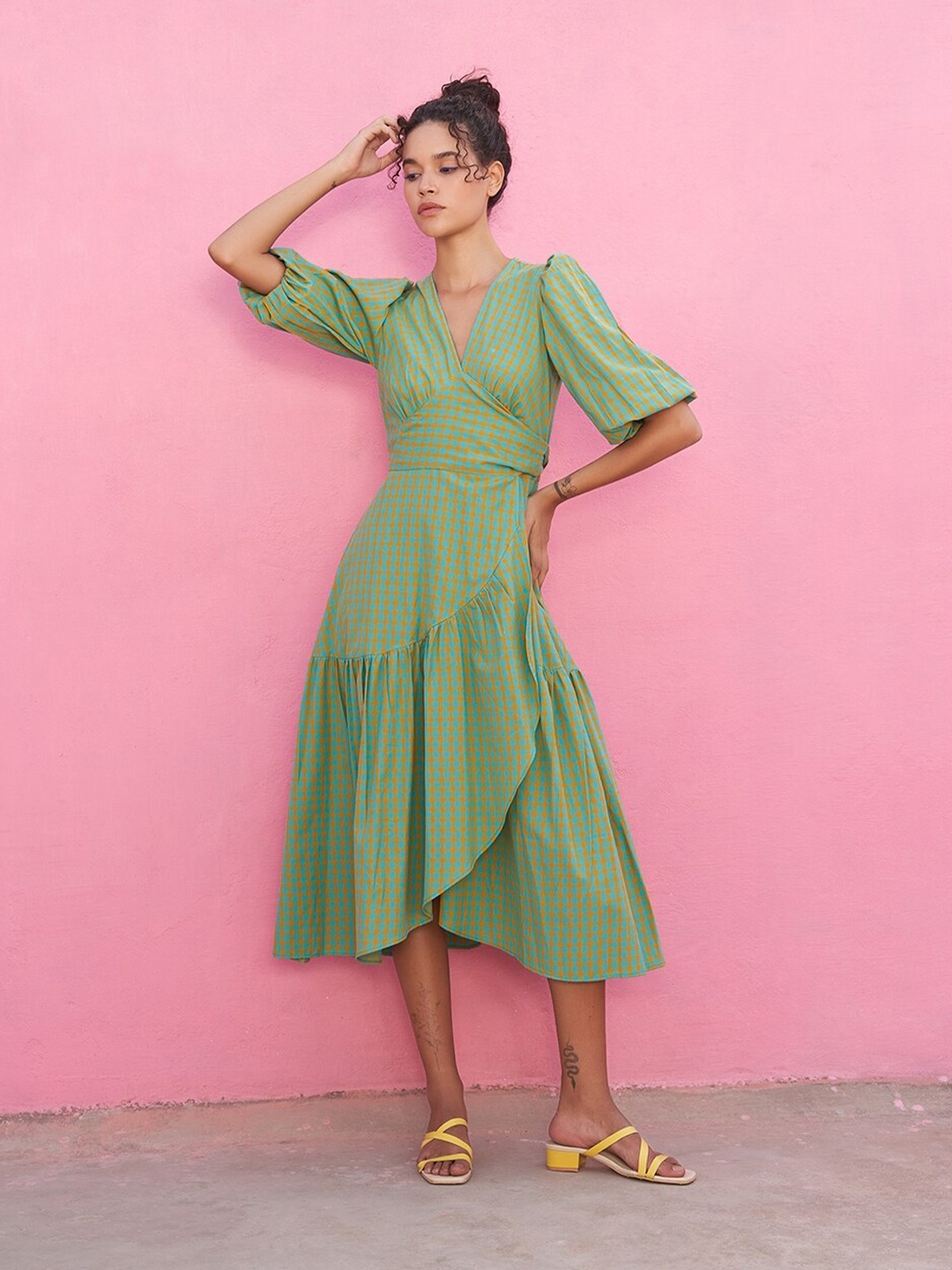 

Abhishti Checked Puff Sleeves Cotton Wrap Midi Dress, Yellow