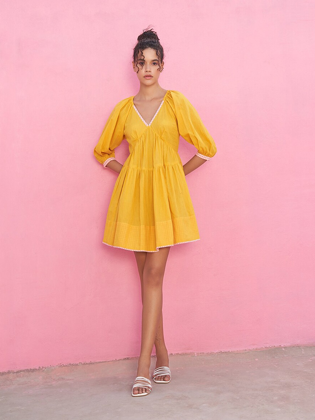 

Abhishti V-Neck Puff Sleeves Tiered Cotton Empire Mini Dress, Yellow
