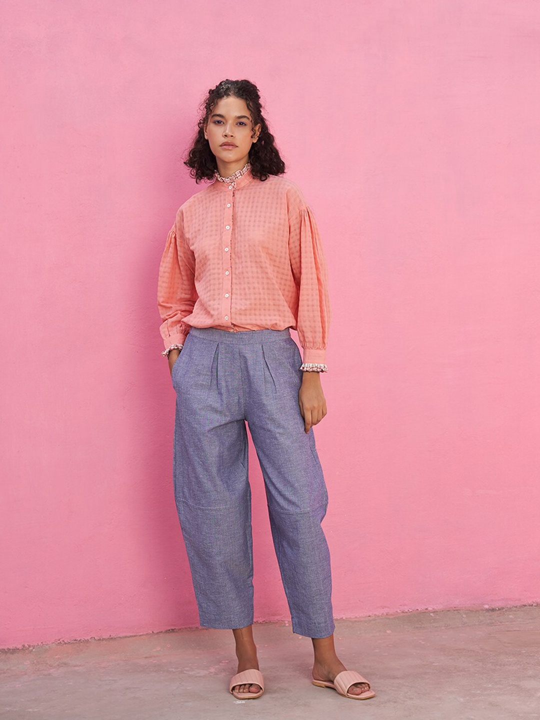 Abhishti Mandarin Collar Puff Sleeve Gathered Cotton Shirt Style Top, Peach
