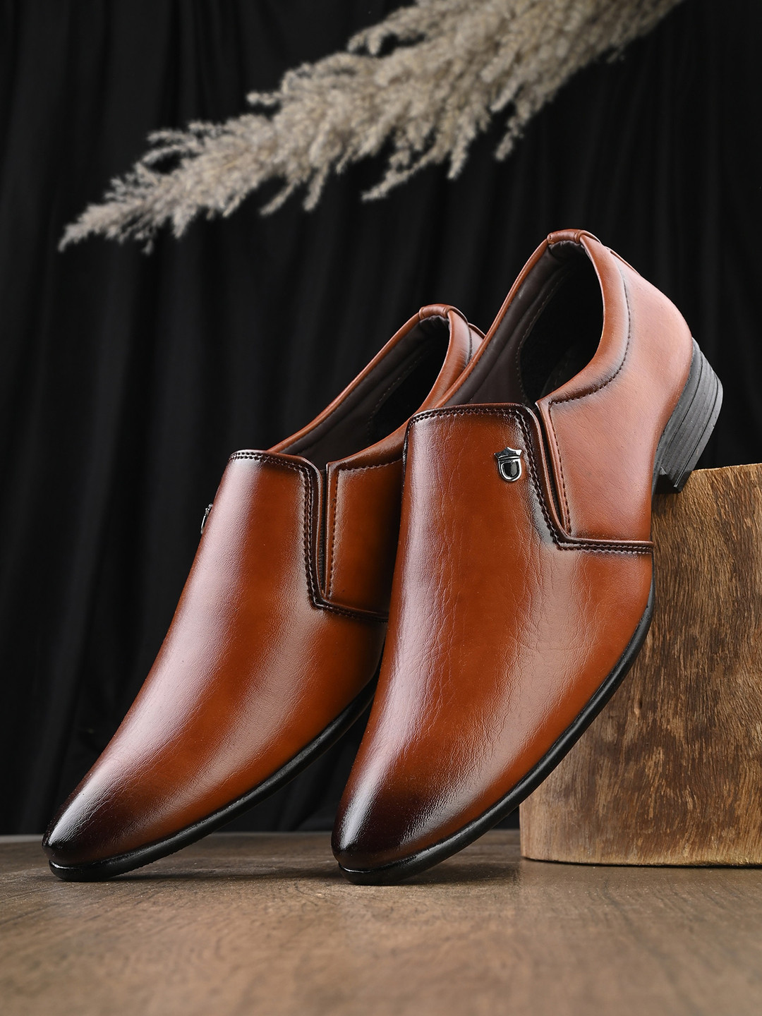 

HERE&NOW Men Tan Brown Textured Formal Slip-On Shoes