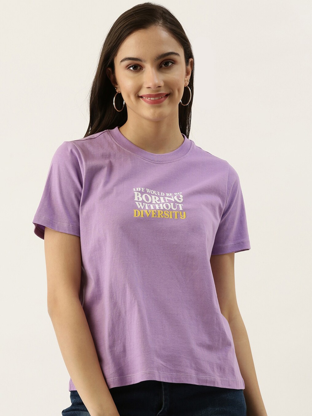 

Zink London Purple Typography Printed Slim Fit Casual Pure Cotton T-shirt