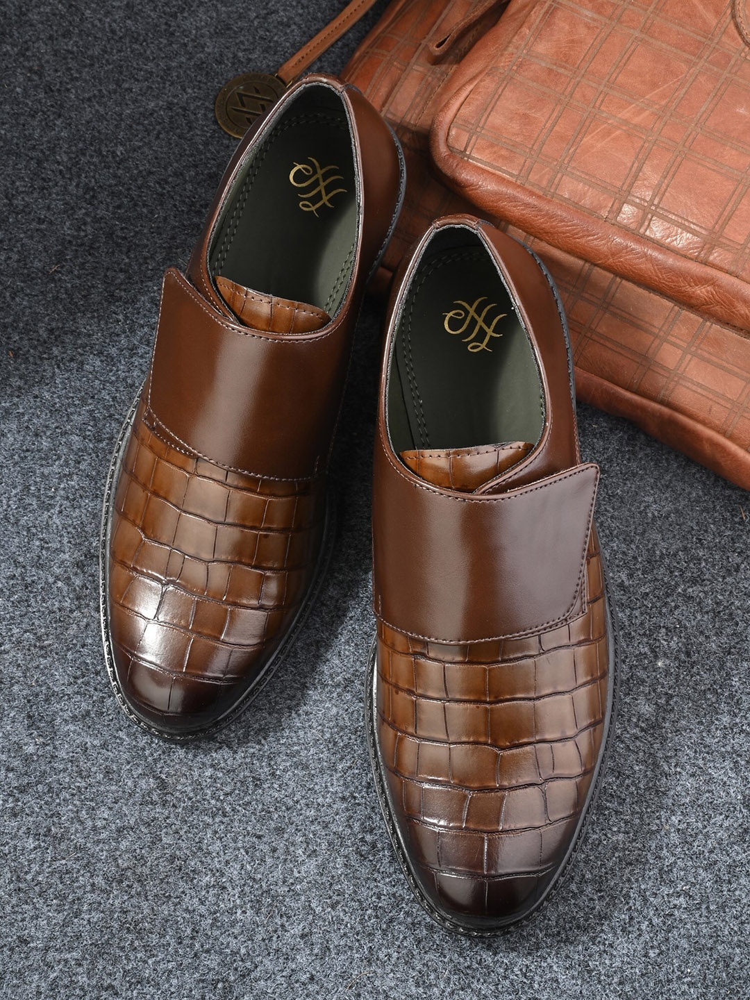 

House of Pataudi Men Textured Formal Monk Shoes, Brown