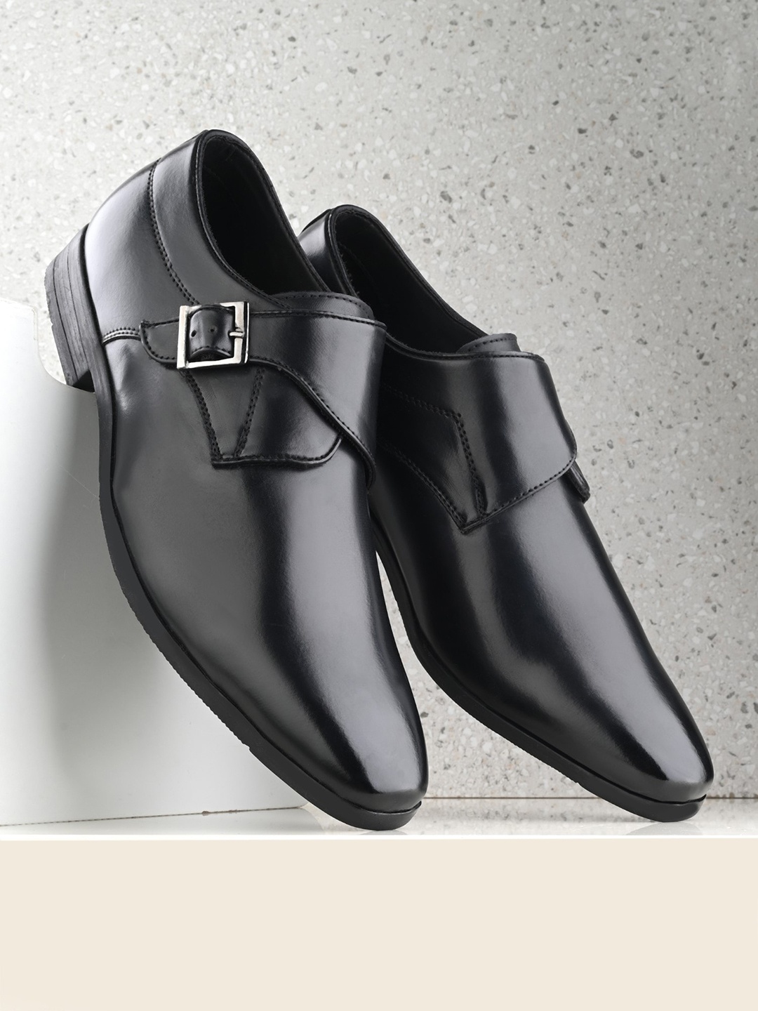 

House of Pataudi Men Round Toe Formal Monk Shoes With Buckle Detail, Black