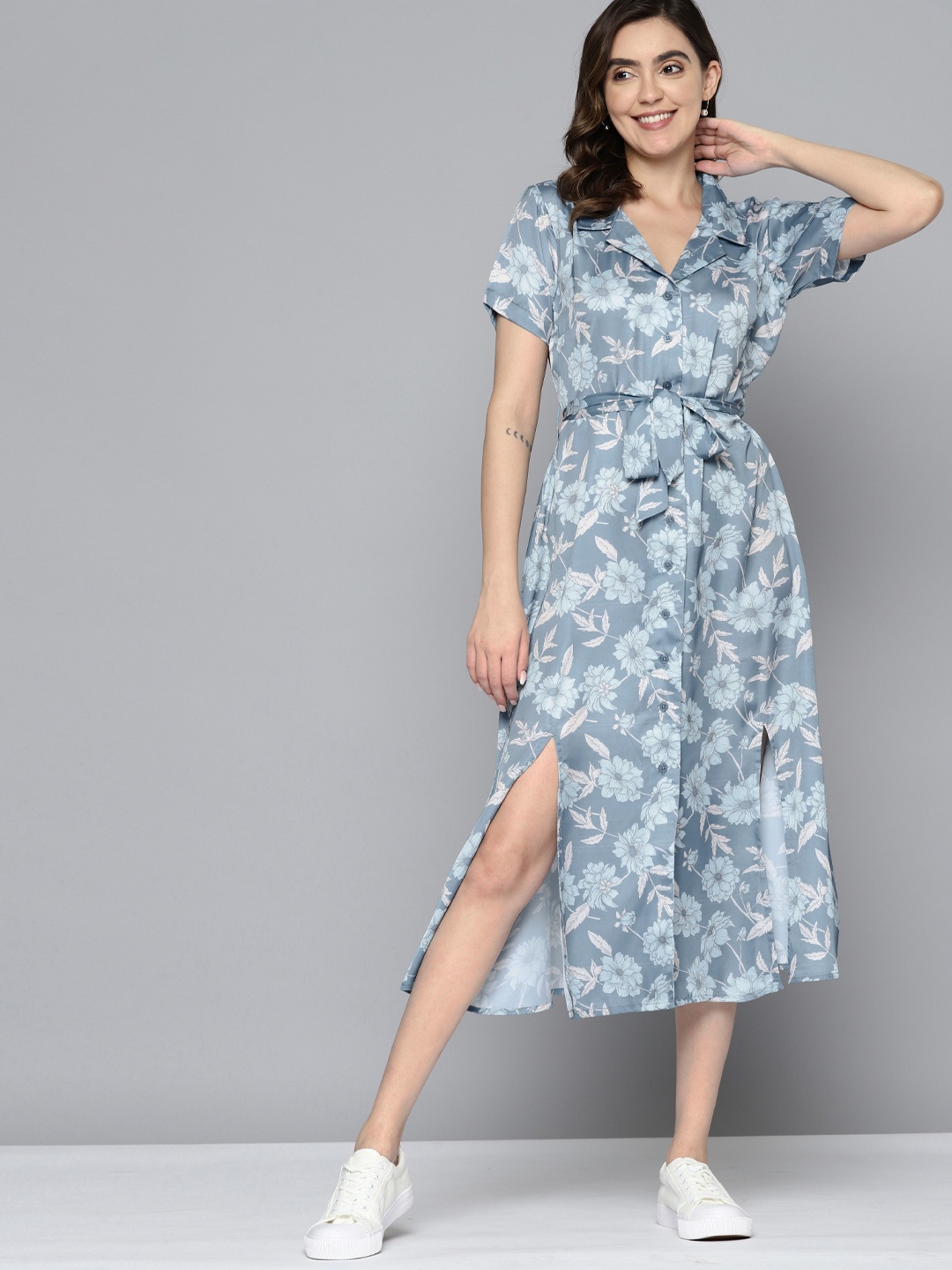 

Mast & Harbour Floral Print Satin Shirt Midi Dress With Tie-Up Detail, Grey