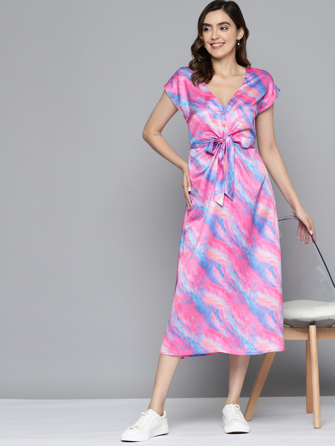 

Mast & Harbour Abstract Print Satin A-Line Midi Dress With Tie-Up Detail, Multi