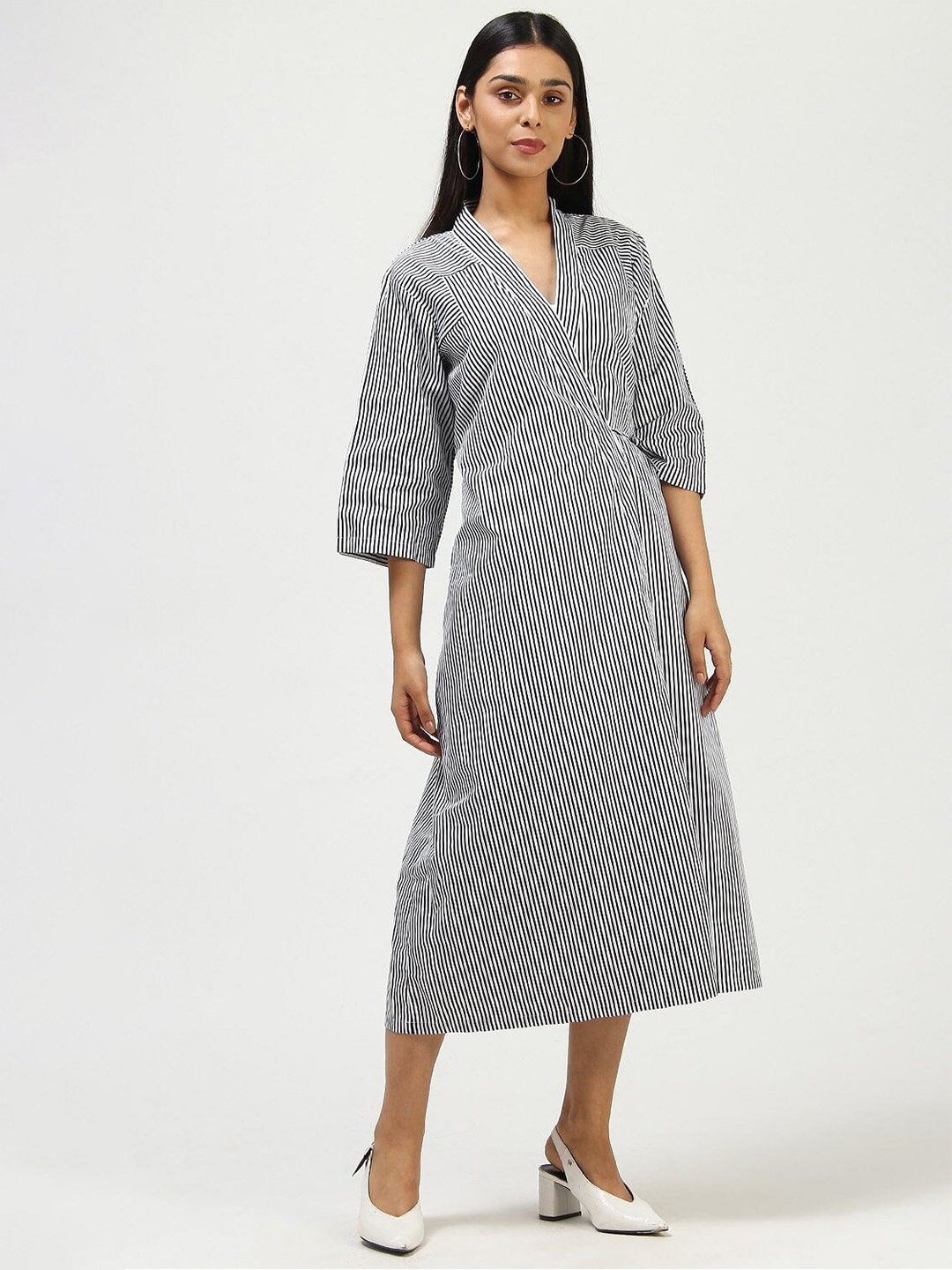 

Taggd Striped V-Neck Midi Wrap Dress, White