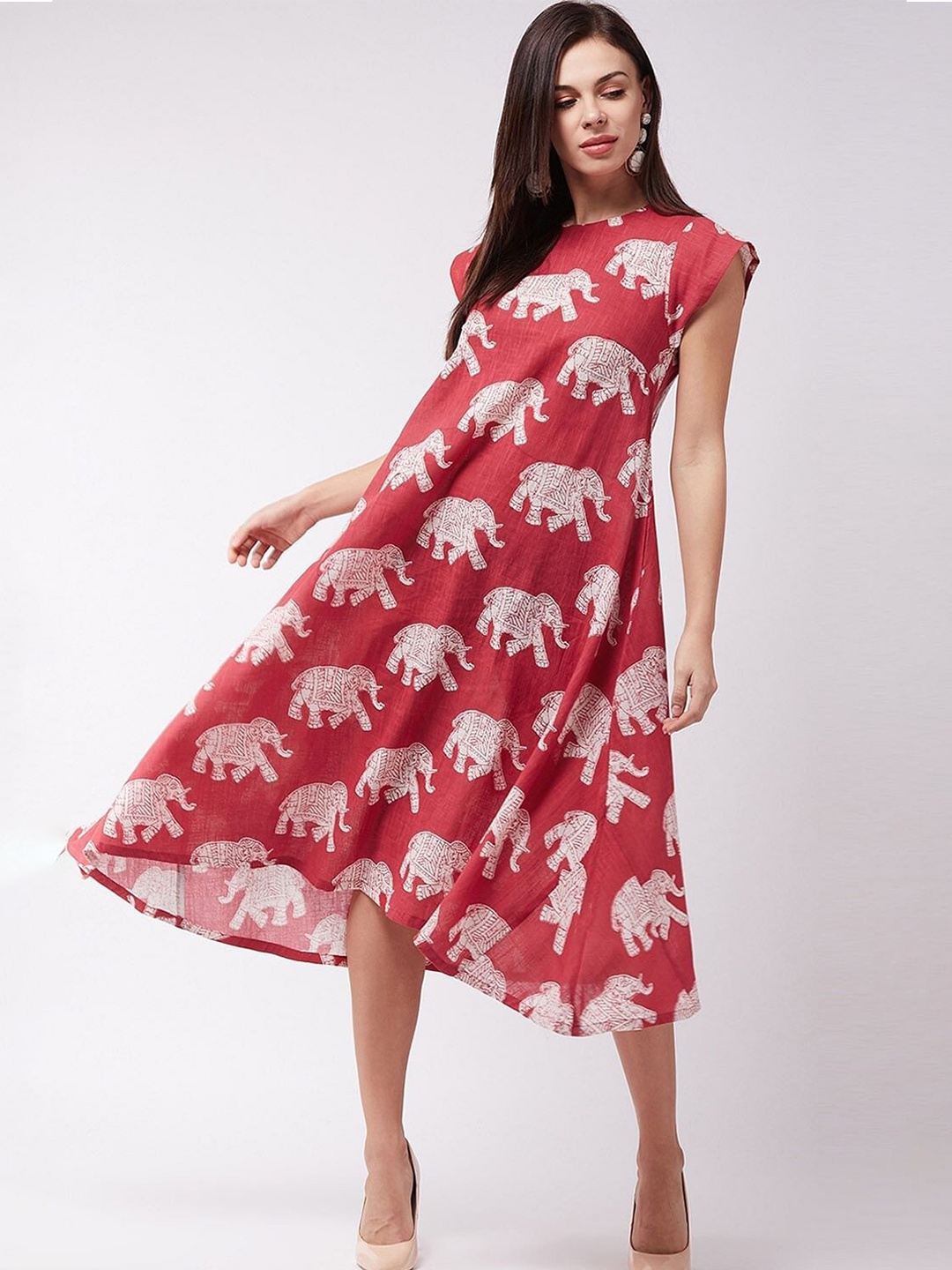 

Taggd Ethnic Motif Printed Cotton Fit & Flare Midi Dress, Red