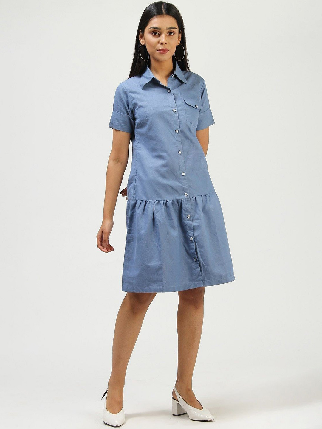

Taggd Shirt Collar Cotton Drop-Waist Dress, Blue