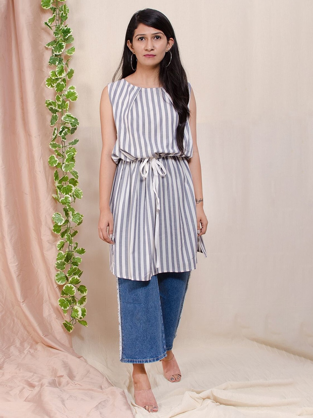 

Taggd Striped Sleeveless A-Line Dress, White