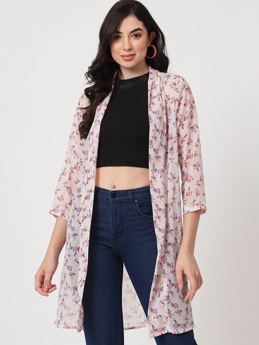 

CUFFS N LASHES Floral Printed Georgette Open Front Longline Shrug, White