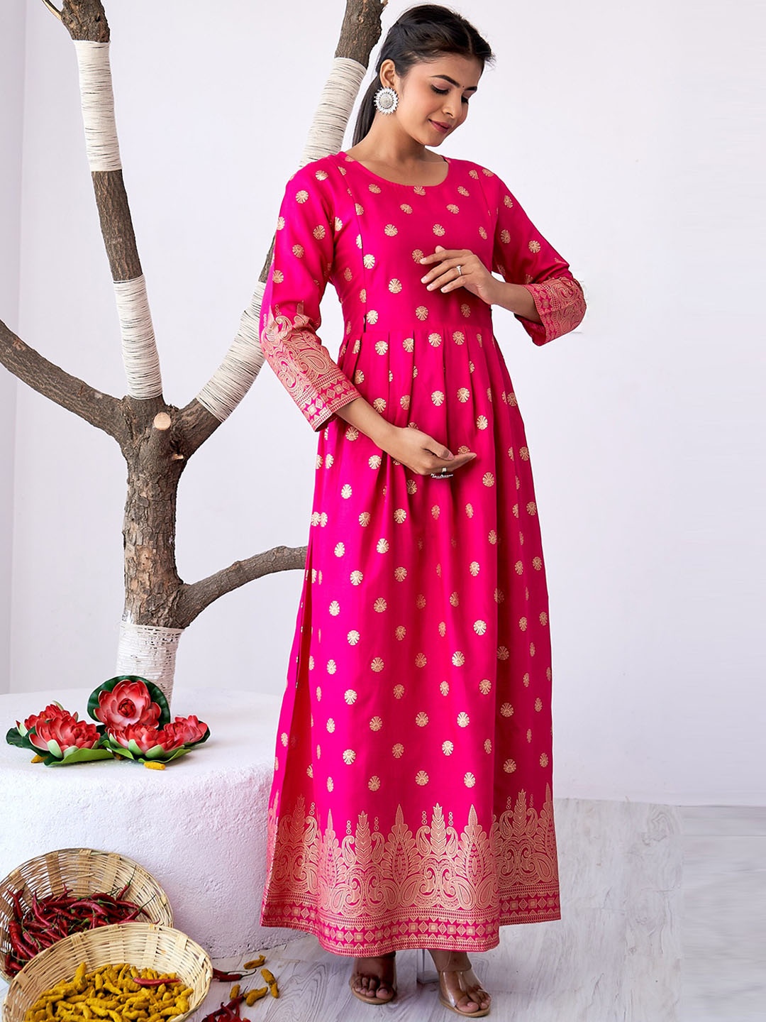 

Mialo fashion Ethnic Motifs Printed Fit & Flare Maternity Maxi Ethnic Dress, Pink