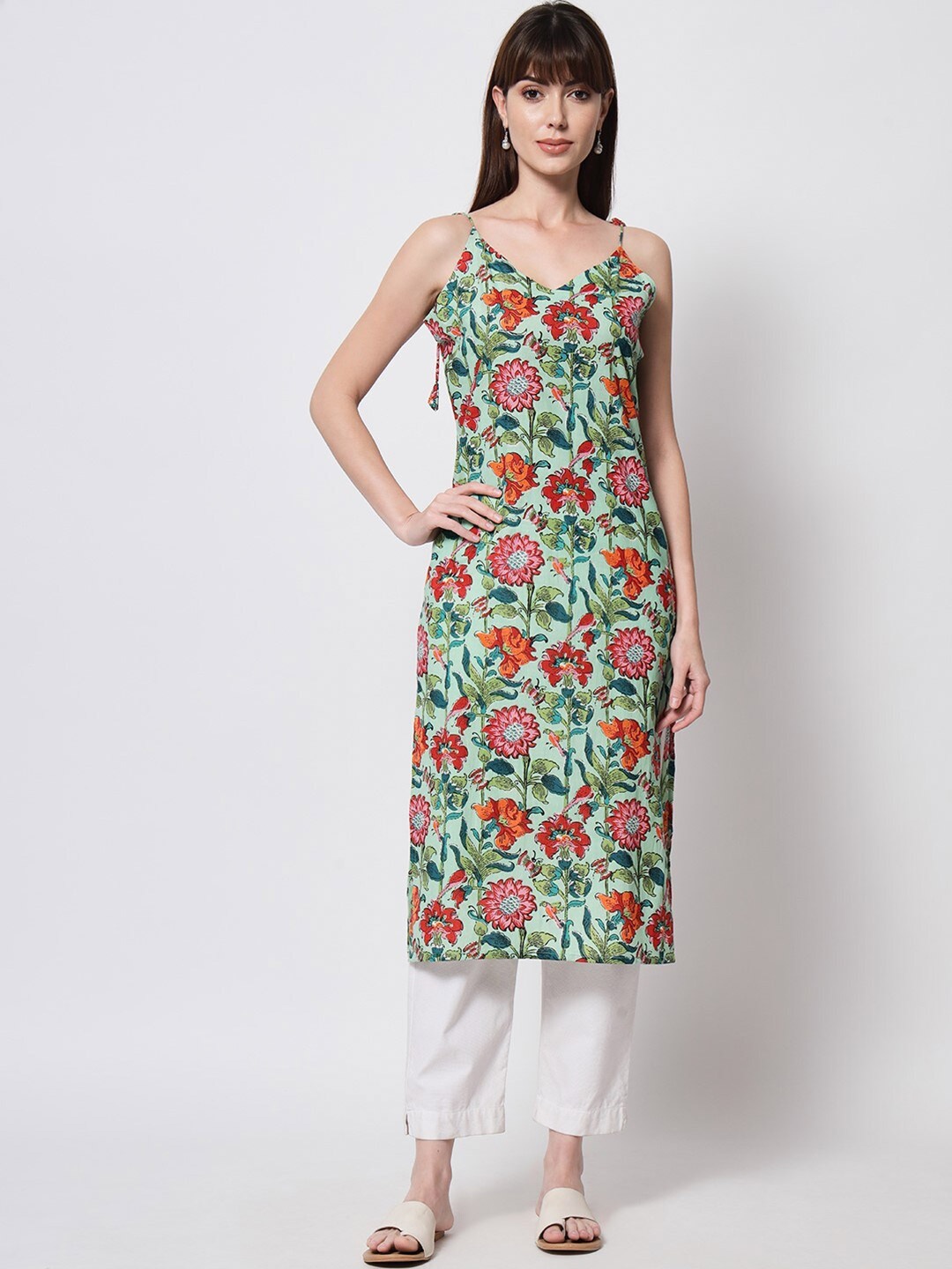 

KALINI Pista Green Garden Strappy Cotton Kurta, Sea green