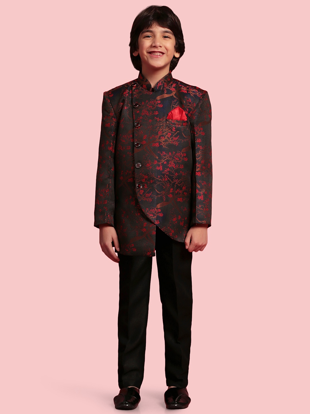 

Aj DEZInES Boys Indo Western Floral Asymmetric Sherwani Set, Red