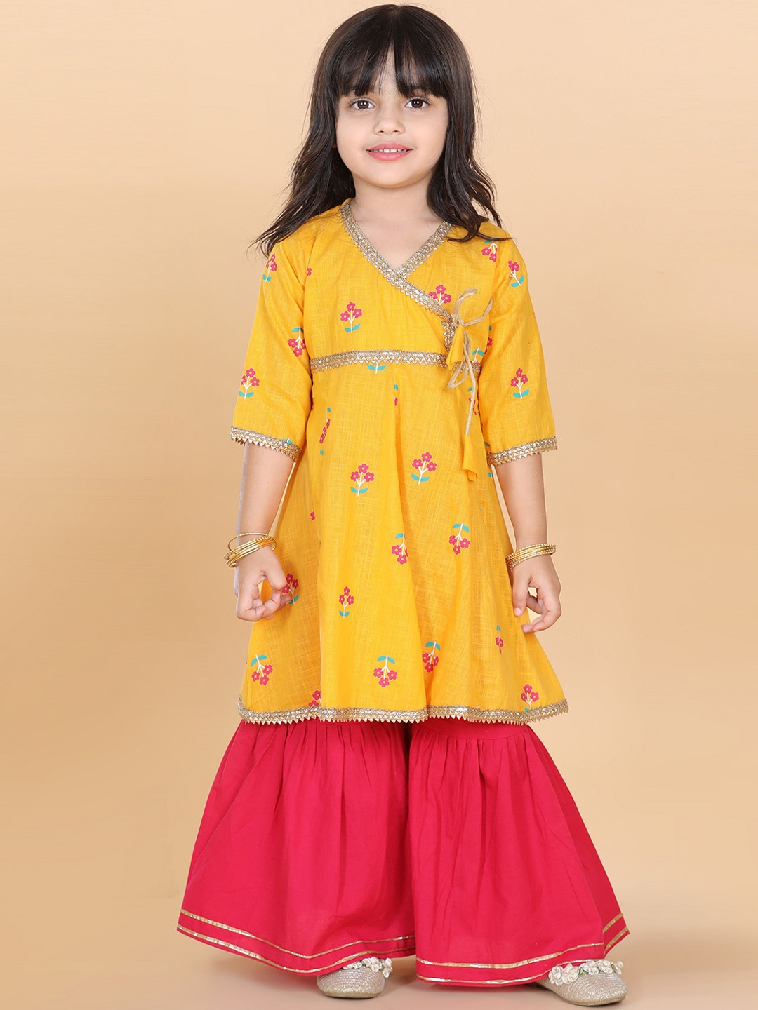 

Aj DEZInES Girls Floral Printed Angrakha Gotta Patti Pure Cotton Kurta With Sharara, Yellow