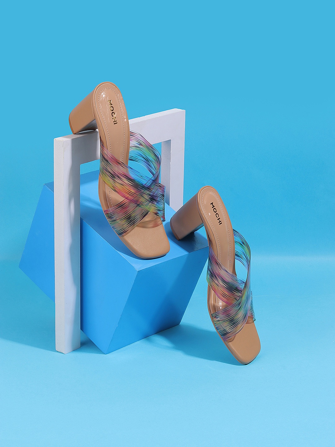 

Mochi Printed Open Toe Block Heels, Beige