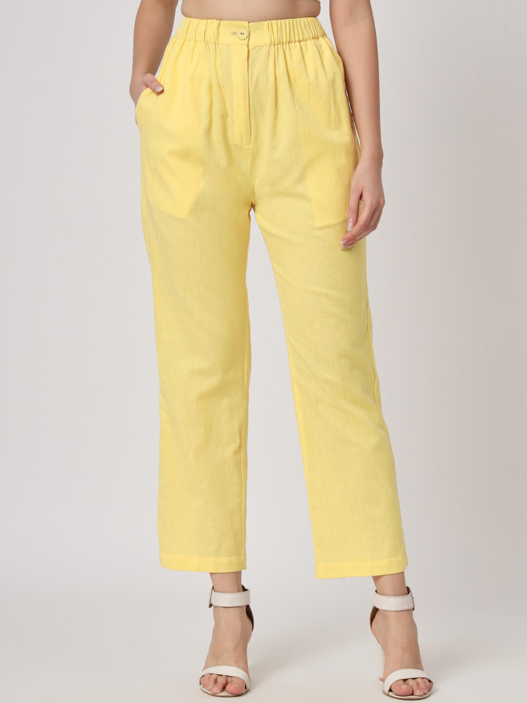 

CUFFS N LASHES Women Smart Cotton Trousers, Yellow